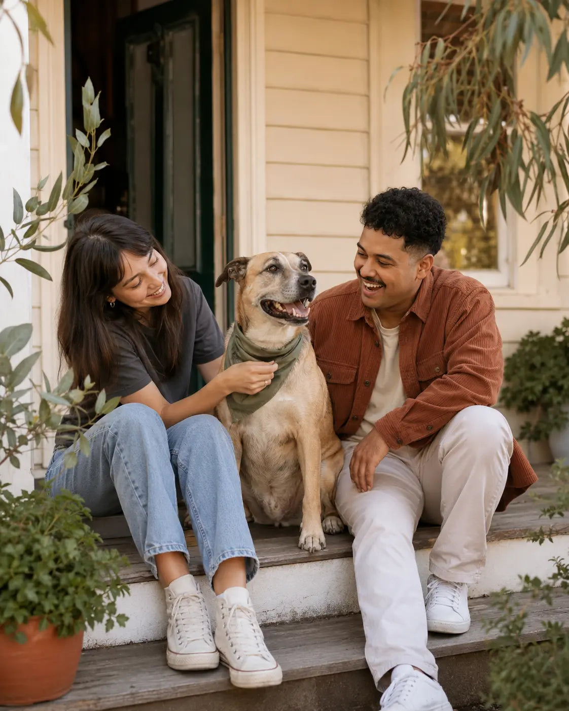 Two Australian dog owners sharing a warm moment with their rescue dog on a Melbourne verandah