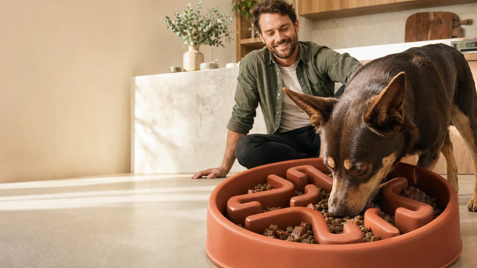 An Australian Kelpie eating from a sculptural slow-feeder bowl while its owner smiles