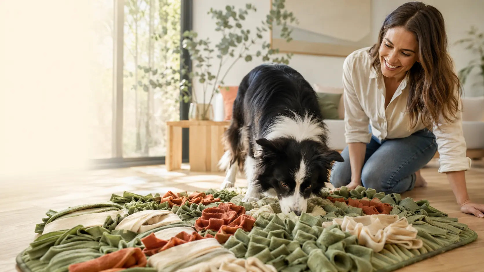 A Border Collie exploring a large textured snuffle mat while its owner smiles nearby