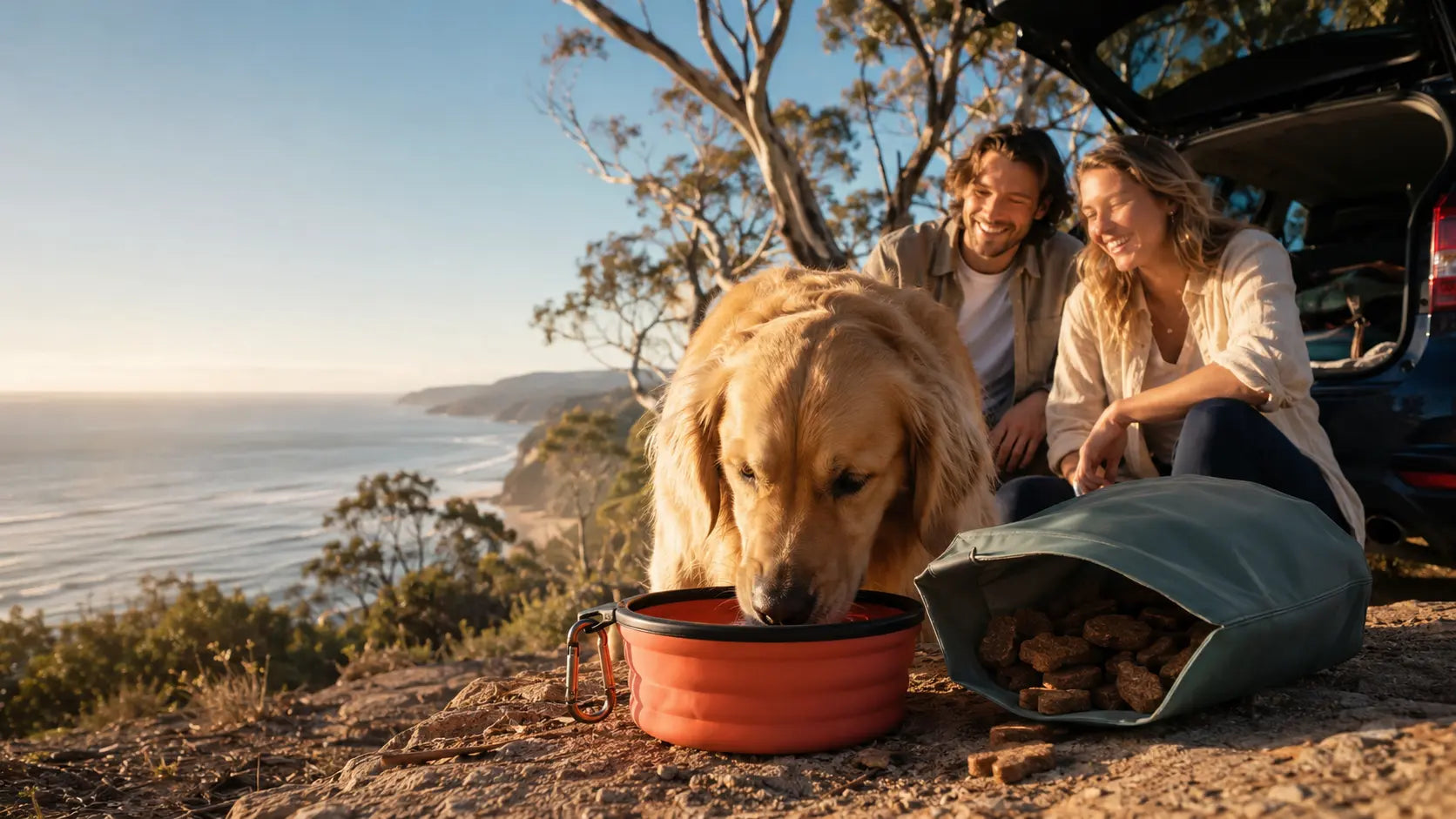 A Golden Retriever drinking from a travel bowl beside two happy owners at a coastal lookout