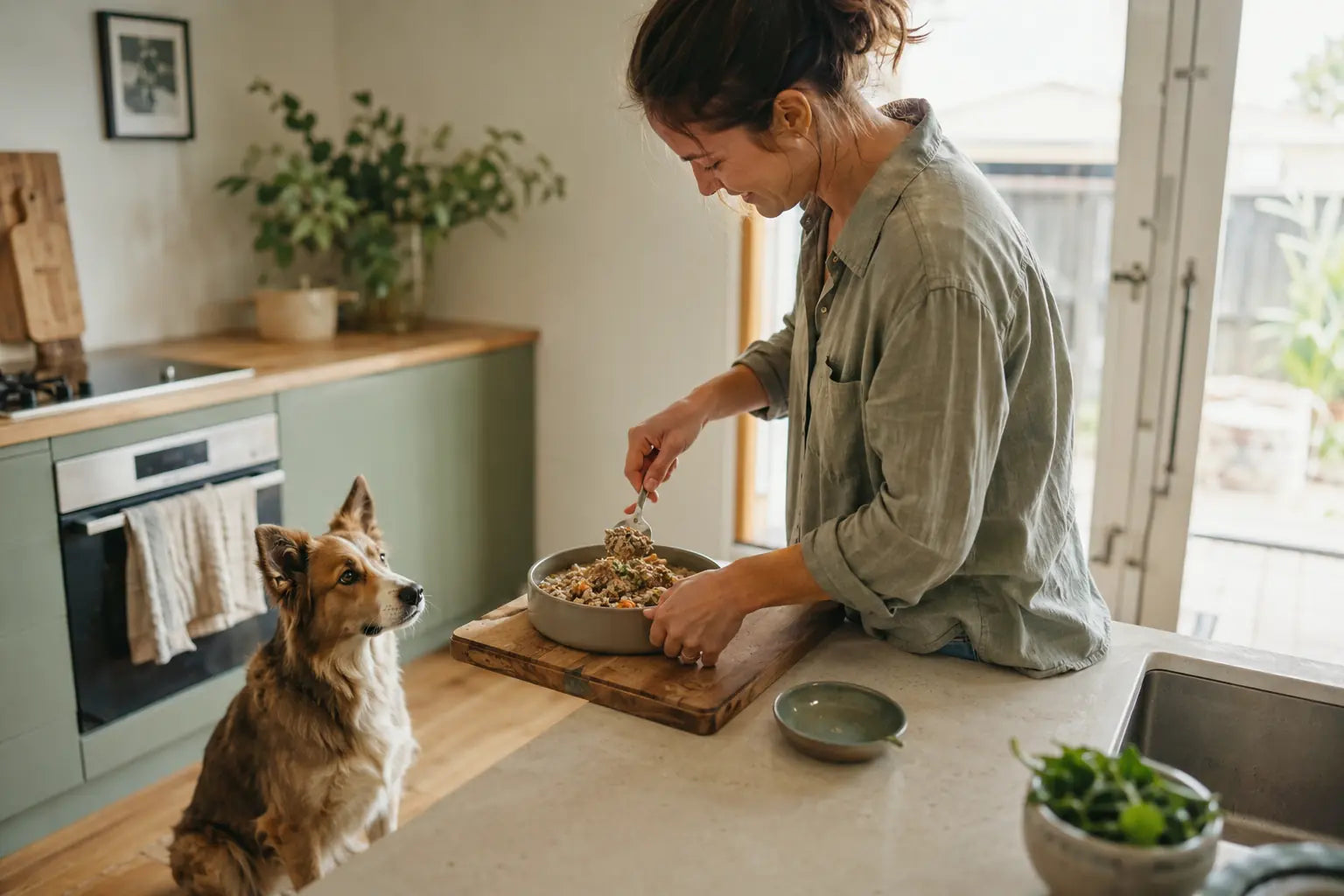 An Australian dog owner preparing an everyday dog mealtime in a home kitchen