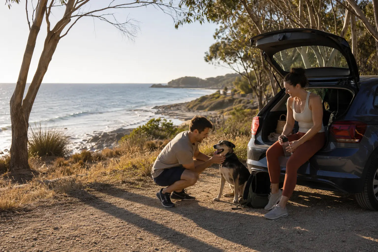 Australian dog owners and their dog pausing beside a car near a coastal walk